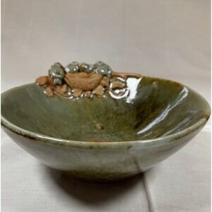 Vintage Majolica Style Birds On Nest Olive Green Glaze Art Pottery Bowl